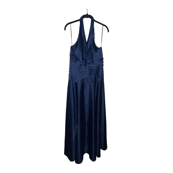 JS COLLECTIONS Navy Blue Halter Pleated Satin Formal Maxi Gown Size 10 - Picture 4 of 7